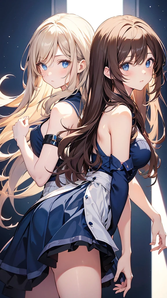 ((masterpiece,best quality)), highres, extremely detailed 8K wallpaper, depth_of_field, cowboy shot, solo, 1girl, saeki sayaka yagatekimininaru, long hair, (honey color hair), blue eyes, bow, big breasts, wide hips, thights, dirty ally, blue dress, baggy eyes, dark blonde hair, disgusted expression, shadows under her eyes, baggy eyes, stars, from above, night, dark, undressing panties