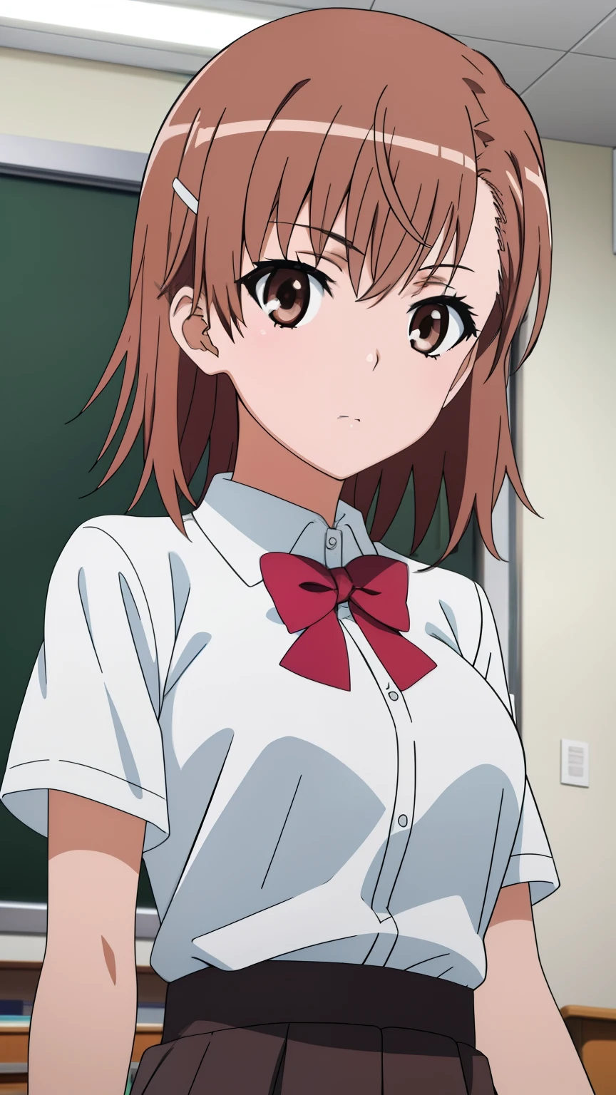 (masterpiece, best quality, high resolution, 8k:1.2), (anime coloring:1.2), highly detailed, beautiful eyes, perfect eyes, fine eyes, brown eyes, featuring big highlights, detailed face, highly detailed, fine eyes, symmetrical eyes, one girl, alone, Misaka Mikoto, brown hair, short hair, hairpin, (medium chest:0.8), (closed_mouth, collared_shirt, school_uniform, shirt, white_shirt, classroom), looking at the viewer, in the center of the image, (beautiful_chest:1.1), (beautiful_face:1.2), (beautiful_waist:1.2), cowboy shot, dutch angle, 