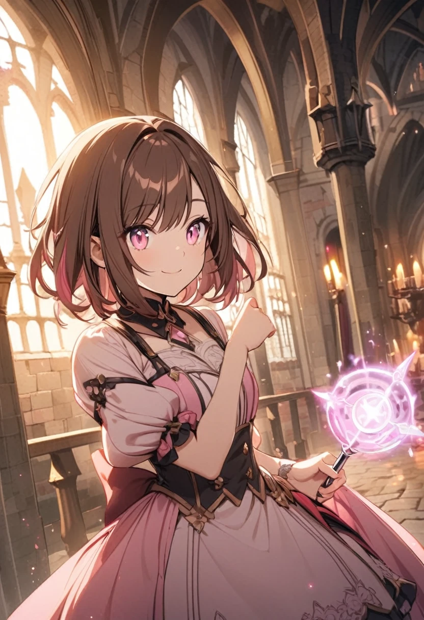 An adult woman, with brown hair, with bright brown eyes, Her lips are pink, She wears a pink dress with puffy sleeves, She has short elf ears