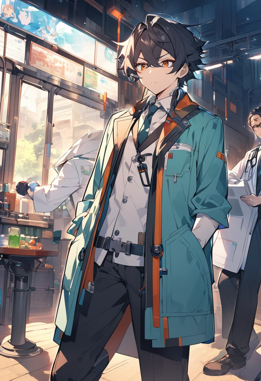 Anime Style。Doctor&#39;s clothes。White。Black Background。Neutral。Thin man standing with his hands in his pockets。Droopy eyes。Thin face。Stubble。Messy black hair。(One personで: 1.2),whole。One person。Soft atmosphere。Tired mood。High image quality。Detailed Description。