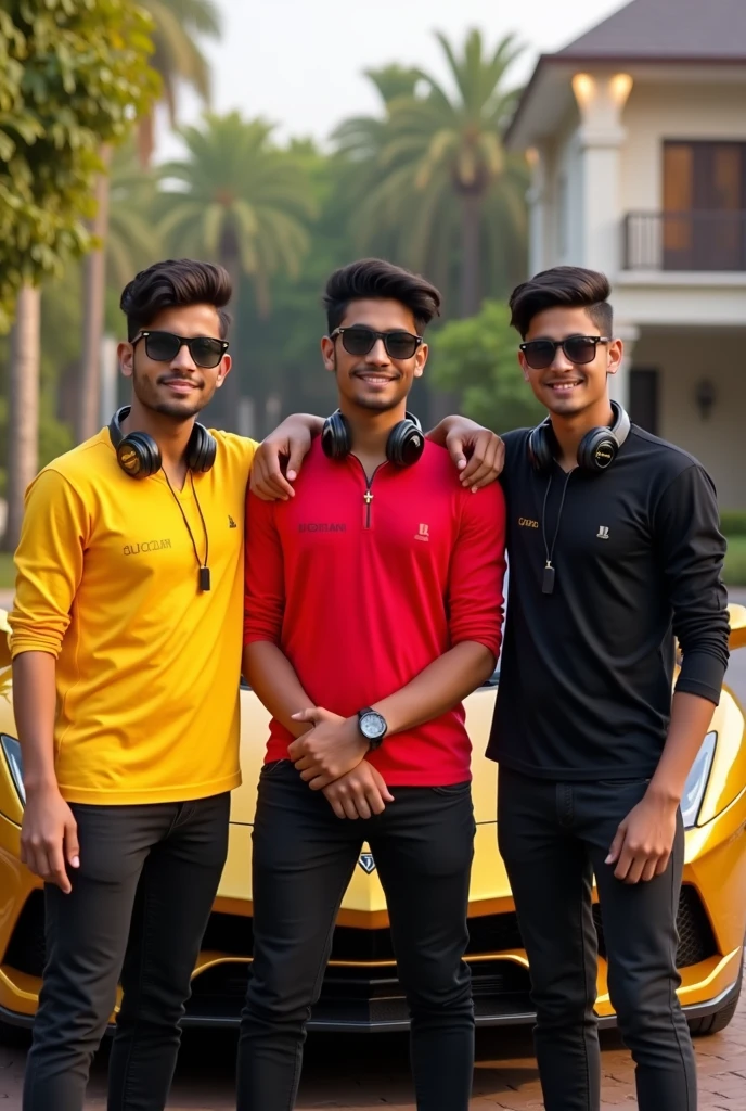 Three real 15yearold boy friends are standing leaning against a golden super luxury car,and all three are wearing different yellow, Red, black shirt and black pants, and all three have different names on their shirt.It is written"Sumit, Roshan , Akash and the middle boy's hand is on the shoulders of both of them and all three have a watch, sunglasses, he is very handsome, headphone, smiling, strong boys,a beautiful person in the background There is a house and real image