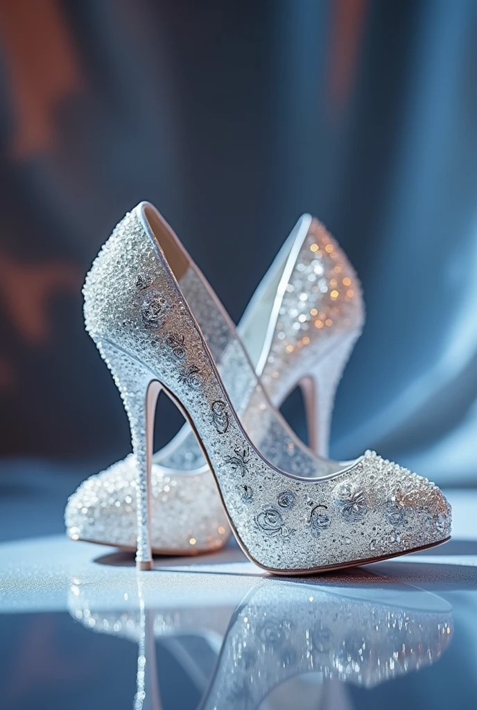Close-up of bridal shoes and wedding dress, Silver，Ivory, lacey accessories, beautiful detailed elegant, White shoes, Exquisite details, ethereal details, very magical and dreamy, dreamy and detailed, magical details, Intricate and elegant, exquisite fine details, Silk shoes, ethereal fairytale, how pretty, glowing details!, side view intricate details, delicate embellishments