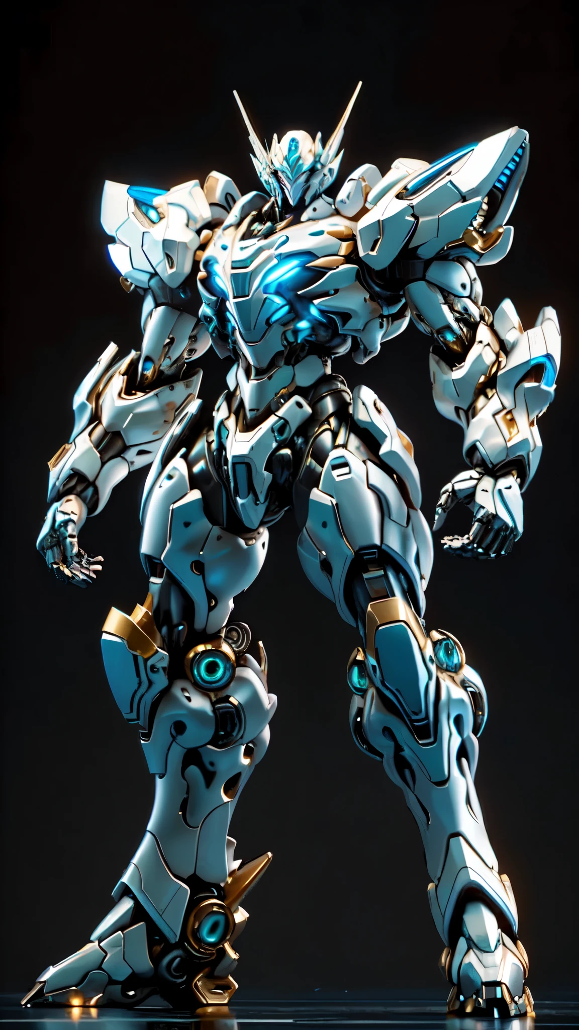 (masterpiece:1.5, best quality:1.5, extremely delicate:1.5), (male:1.5), humanoid Mecha, fully enclosed shoulder guards, matching arm and leg guards, full body, full armor, the design balances heavy with agility, (the color scheme is primarily Blue with Black and White accents, the concept Inspired by Biological Robot, BRS), organic biotech armor, standing, floating high above the futuristic sci-fi city, exquisite and mature art style, (aura effect, glowing eyes, the armor glows), metallic, dramatic, high definition, highres, ultra-detailed, ultra-fine painting, professional, perfect body proportions, anatomically correct, symmetrical face, extremely detailed eyes and face, high quality eyes, creativity, RAW photo, UHD, 32k, Natural light, cinematic lighting, masterpiece-anatomy-perfect