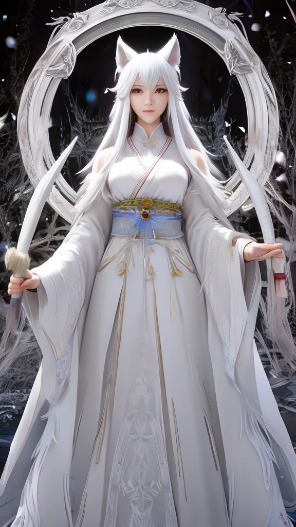 snowfield,a japanese woman,White long hair shawl,wolf headdress,Furry wolf ears,Large Breasts,Beautiful figure,Wearing white jumpsuit,Wearing a white cloak,Holding a long battle ax,Followed by the big white wolf