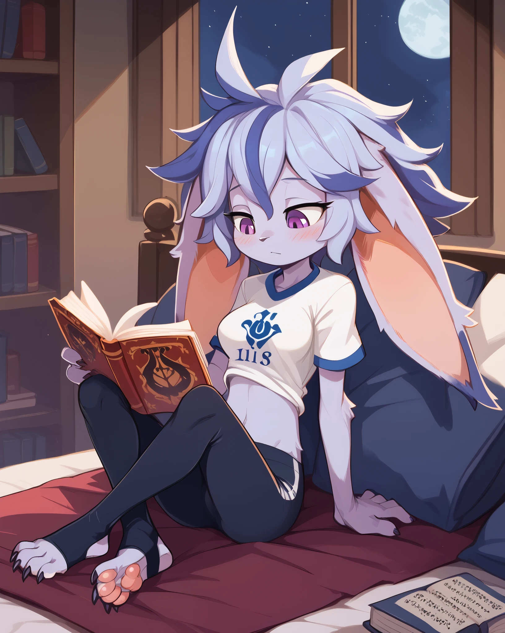 score_9, score_8_up, score_7_up, best quality, masterpiece, (absurdly high resolution:1.4), (short, diminutive, smol), yordle, (humanoid, light purple skin, purple eyes, (long ears, horizontal ears), long horizontal yordle ears, claws, feminine), barefoot, cute, adorable, slim, thin, (hair, fluffy hair,), large breasts, sleepy expression, blush lines, submissive), solo, isekai setting, apartment, night sky, Expressive, young, expressive, fantasy, paw pads, ears up, midriff, white t-shirt, stirrup legwear, reading a book, Correct number of toes on each foot,