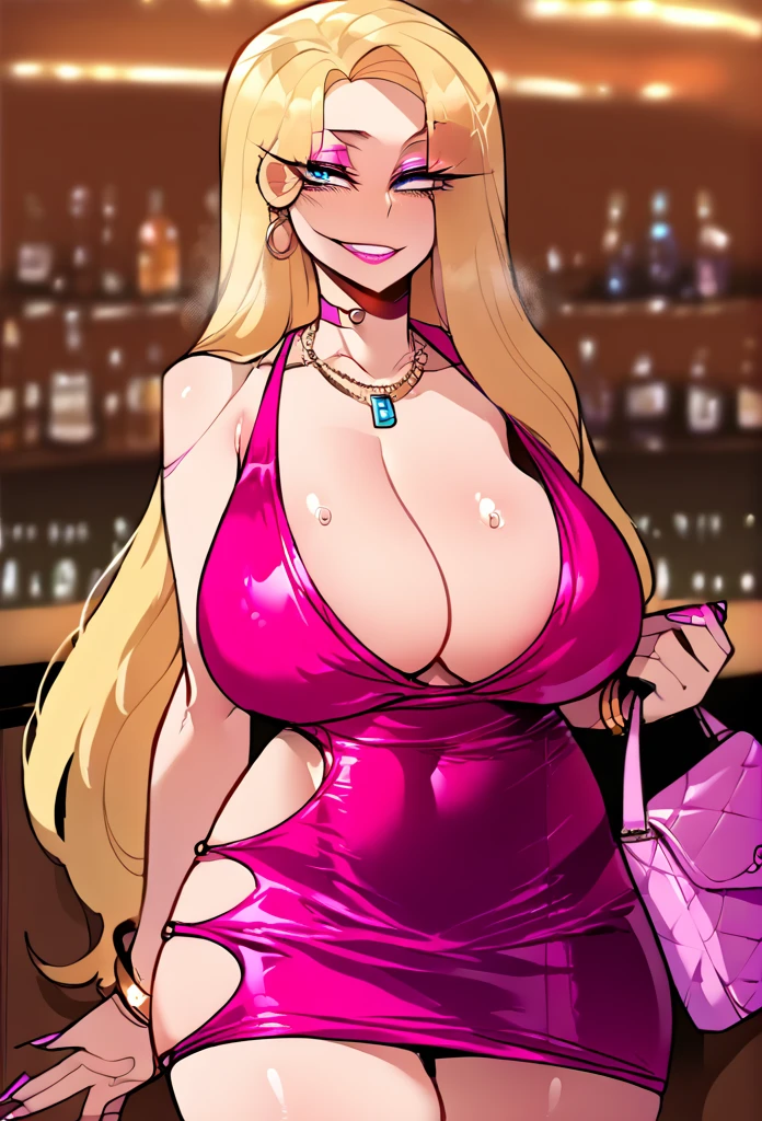 score_9, score_8_up, seductive face, indoors, bar, woman, massive breasts, hourglass figure, eyeliner, pink makeup, [bimbo:0.2], smile, very long hair, blonde hair, blue eyes, tight pink netted minidress, bracelet, purse, Nyantcha Style, source_anime, rating_explicit 