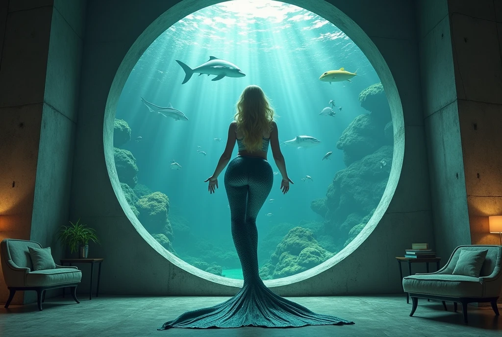 The mermaid turned her back to the camera and bent down, showing large bare buttocks and a large vagina between the buttocks , with huge very large gigantic naked breasts, Blonde with very long hair, with the face of Charlize Theron swims in the sea among coral reefs. Two large holes are visible , vagina with labia majora and large anus 