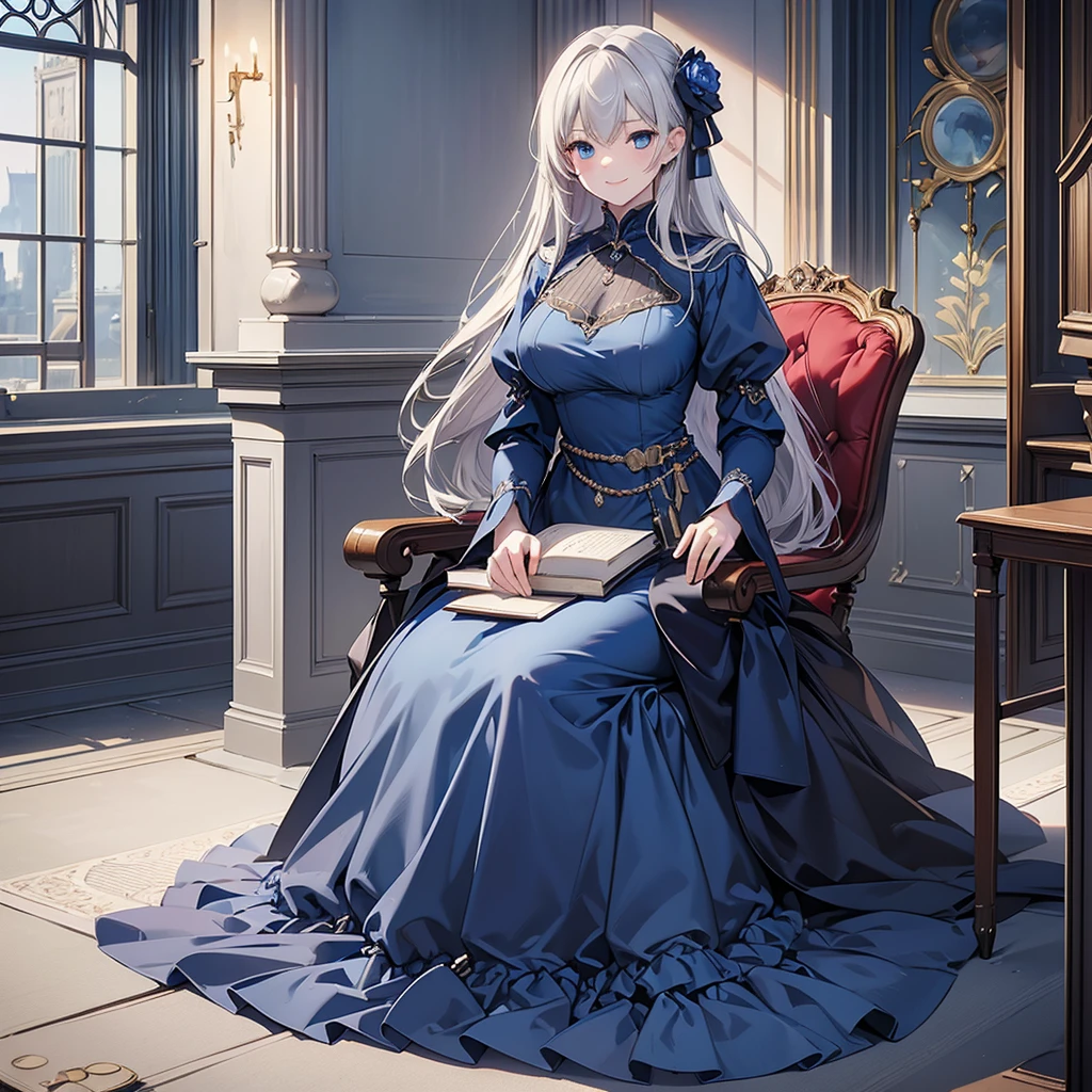 ((Highest quality)), ((masterpiece)) 、One woman, masterpiece, (High resolution), original, extremely detailed 8K , (Photorealistic:1.4),blue eyes ,Symmetrical body type,smile, Medieval European style street、dark blue dress、smile, blondes, Large Breasts, Gray Hair、city、Sitting in a chair、Luxurious Room、Very luxurious chair、sitting in front、Book placed on thigh