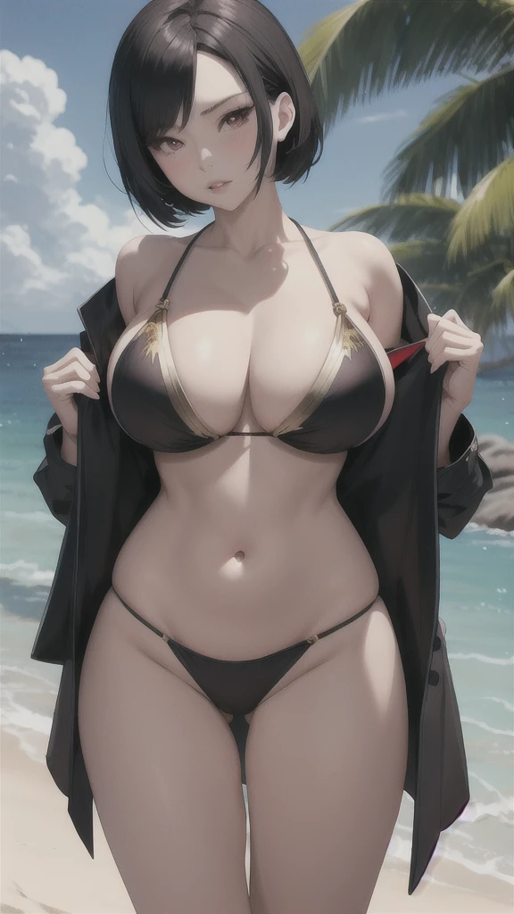 Ada Wong, Chinese woman, 1woman, sexy, curvy, big hips, big breasts, short black hair, Chinese features, resident evil, nyantcha art style, ThiccWithaQ art style, venus bikini, fortune bikini, jewelry, navel, beach background, colorful, rubies, gold, diamonds, hand on hips, sunglasses, mature woman, DOAXvenusAnimagineXL, DOA venus bikini, fortune bikini, gems, jewels, pretty, sunset, relaxed 