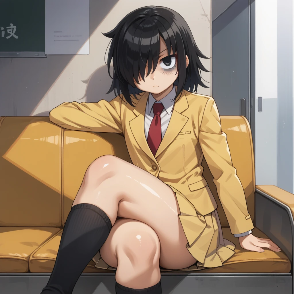 score_9, score_8_up, score_7_up,, solo, source_anime, tomokoxl, bags under eyes, hair over one eye black hair, medium hair, school uniform, red necktie, yellow skirt, short skirt, pleated skirt, yellow jacket, black socks, standing, cowboy shot, sitting, crossed legs, thick thighs, shiny skin, no shoes, focus in crossed legs