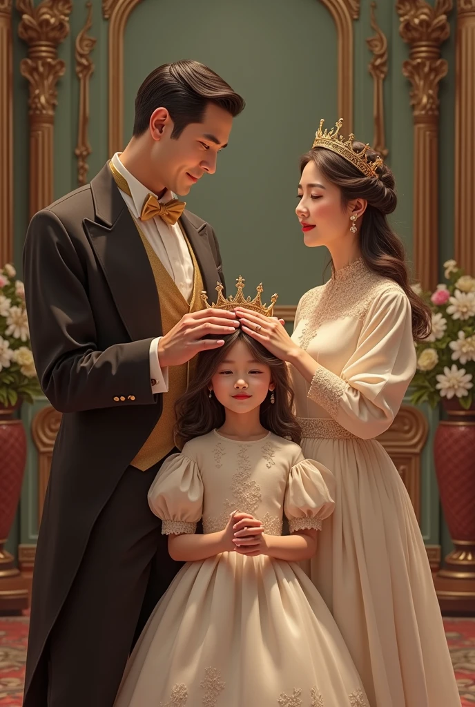 (masterpiece, best quality:1.5), highest quality, High resolution, super detailed, Realists, Upper body photo of a red-haired flower girl and a boy in a suit, detailed and beautiful eyes, beautiful detailed lips, very detailed eyes and face, longeyelashes, Young girl in a short dress made of shiny beige satin fabric, Beautiful and colorful makeup, elegant and noble々Pose,shiny satin headband, grind, Holding flowers, Gardens as background, soft daylight, bright colors, fine brushstrokes, Portrait style, Noble details in the dress fabric, beautiful color palette, glowing skin, First-class rendering, that captures every detail, enchanting atmosphere, subtle shadows and lights, (perfect anatomy:1.2), (The stunning flower girl is in love with a boy in a grey suit. Exchanging glances. Look flirtatious (magnificent panorama view:1.2)