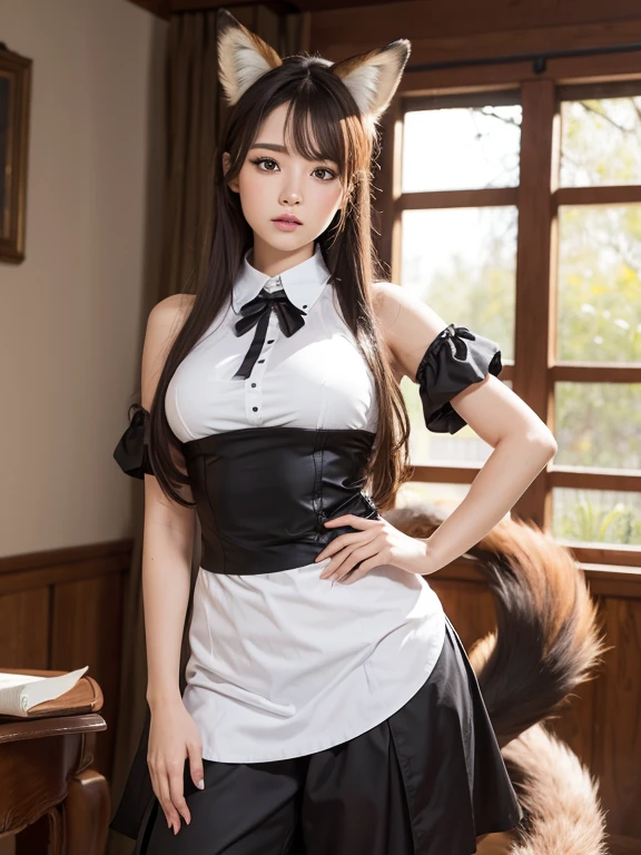 ((highest quality)), ((masterpiece)), (get used to it), perfect face, fox girl, Beautiful woman, public, There is a tail, she has a fluffy tail, she has a fox tail, she shows her tail, troubled face, She wears a maid outfit, beautiful hips, big breasts , big tail, From maid outfits to fox tails