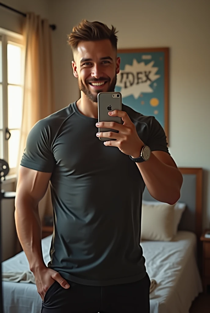 handsome european strong and manly dark blond bodybuilder with thick muscles with a handsome smirk and very detailed open eyes wearing only Christmas theme micro thong with big bulge at a cozy christmas night sitting on the bed holding a realistic detailed smart phone, dimmed light, small fairy lights, dynamic romantic situation,