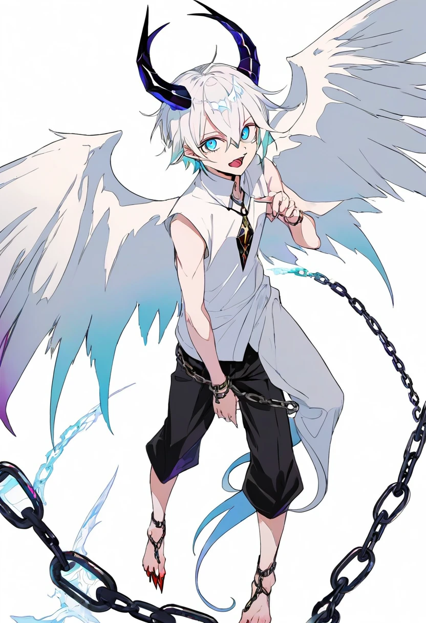 blue eyes, 1boy, black short hair, narrow tail, full body, white hair, male focus, multicolored hair, white angel wings, plain white background, chains, colored skin, fangs, claws, sharp fingernails, monster boy, colored tongue, white crystal horns, cursed pattern, expressionless