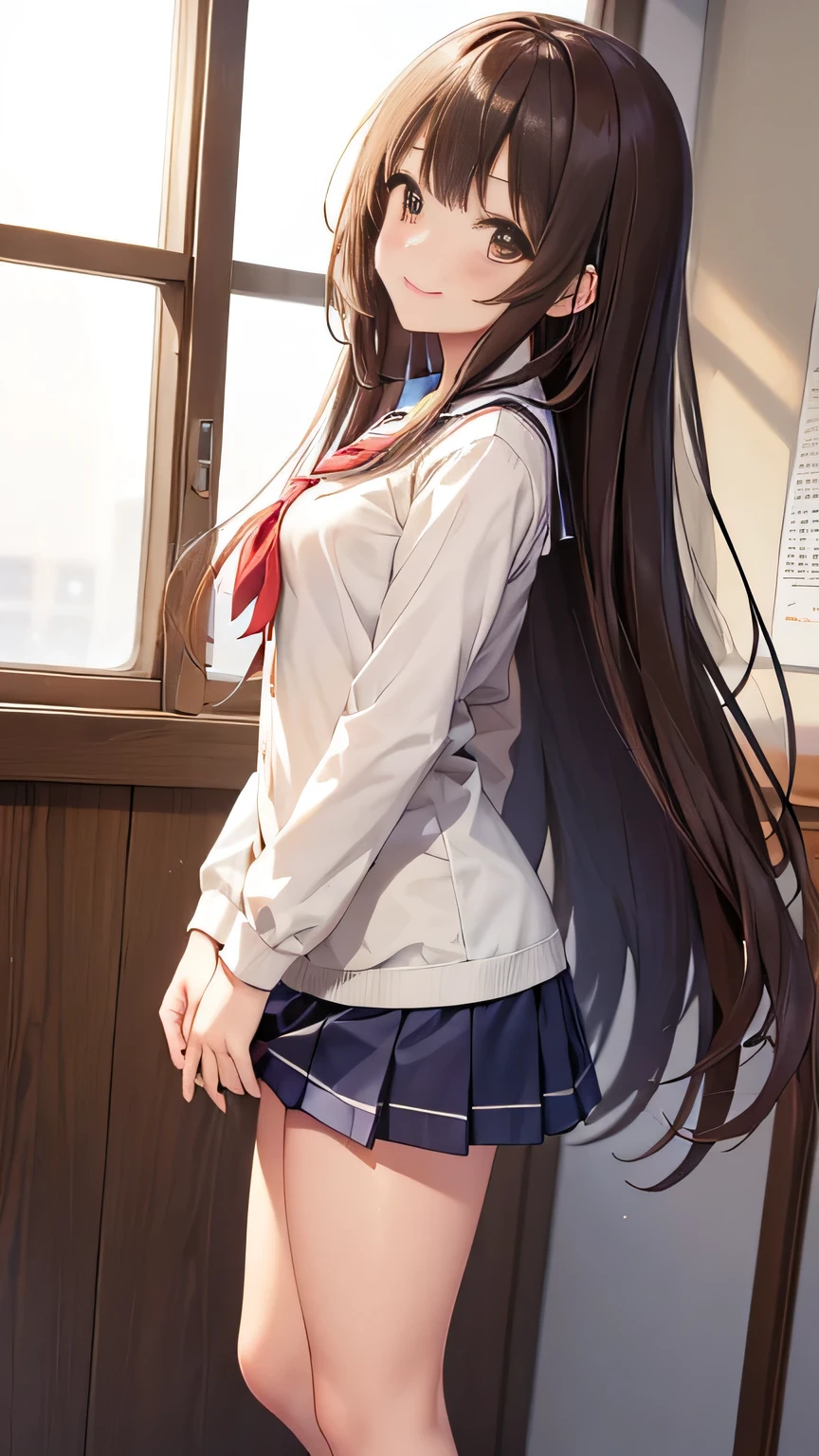 (High Resolution)、(High image quality)、(Masterpiece)、(Lift your hair with your hands)、School、classroom、Summer sunset、Brown long hair、Brush your hair back、smiling、Detailed Description、Window、beautiful girl、、Summer uniform、Narrow eyes、Slim figure、Tall、Close-up of face、Thin legs、