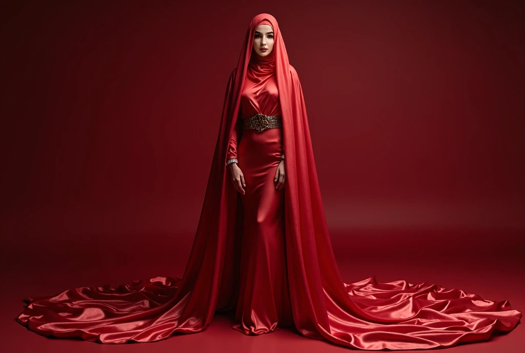 Captivating, elegant woman is engendered in a cascade of four-meter-long, ruby-red, plush satin fabric. The material clings tightly to her figure, spreading out into a pooled train at her feet, mimicking a mermaid's tail. A satin hijab cloaks her head, in office, revealing only a hint of her upper body. This full-body portrait radiates a mythical sophistication. Wrapped, eth