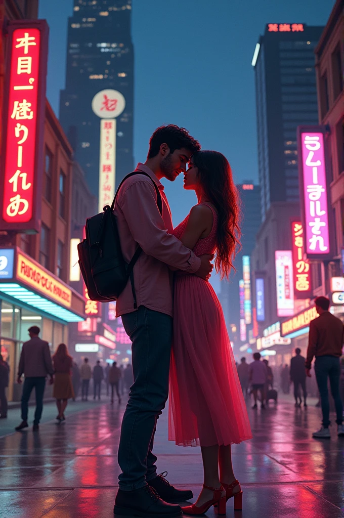 a couple looking at the Miami Bayside market from the a balcony of a tallest among all the skyscrapers overlooking , neon lights, miami vice vibes, , Ferris wheel at far away