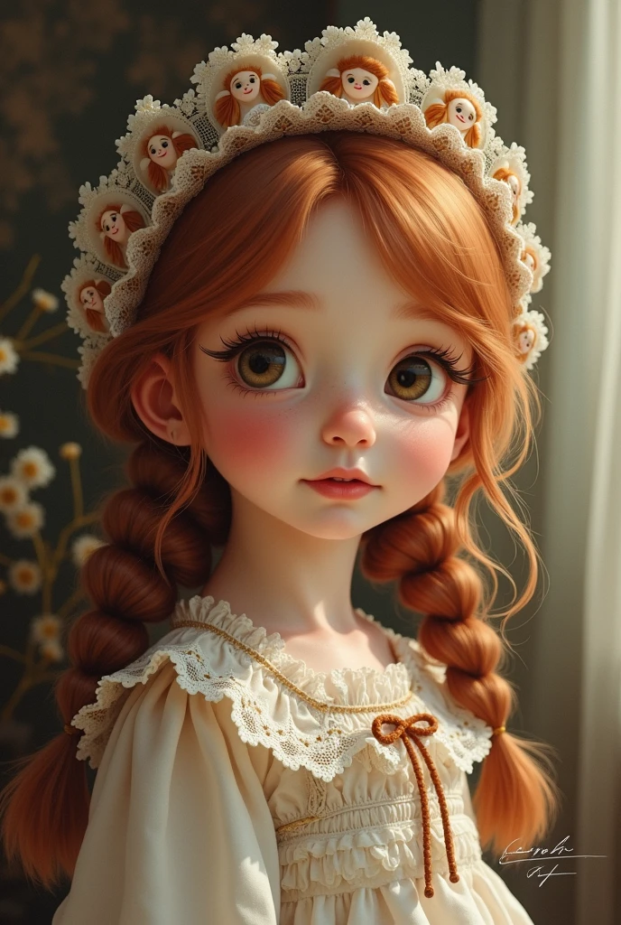 Little woman, Beautiful, Hyperrealistic, Brown hair with blonde highlights,Two-color jet and blonde hair, Curly Method. With white Nordic European skin, she has a heart-shaped face with high cheekbones and a delicate jaw. Her eyes are a honey color and her lips are full and slightly parted. She wears a modest and elegant orange medieval maiden dress with a ruffled collar. Her makeup is natural and understated, with a hint of blush on her cheeks and light brown eyeshadow on her lids. He is 19 years old, he is Bolucuno and has a sweet and innocent expression. In a room of the Palace.