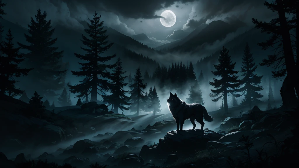 A lone wolf stands on a rocky outcrop, howling at a massive full moon partially covered by dark clouds. Thin streaks of moonlight break through the clouds, casting dramatic beams of light. One of these rays illuminates the wolf, highlighting its dark gray and black fur. A soft mist rises from the forest floor, surrounding the scene with an ethereal, mysterious atmosphere. In the background, tall pine trees fade into the mist, and the night sky is filled with a few faint stars. The overall mood is eerie, majestic, and atmospheric