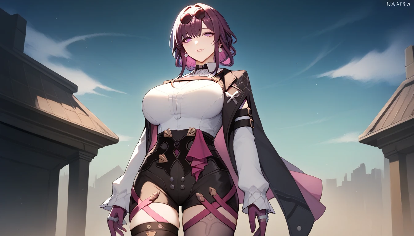 One Girl,Kafka, Purple eyes, Purple Hair, bangs, Side Lock, Please put your glasses on your head, earring, White shirt, Collared shirt, Long sleeve black jacket, Jacket on shoulders, Harness, Large Breasts, Purple gloves, Black shorts, High Waist Shorts, Purple thigh straps, Pantyhose, Single thigh high boots,There are no students, Black choker, ring, Expose your shoulders, pearl earring, Armband,masterpiece, Anatomically correct, 8k,(background,Big Red Moon,detailed),Cowboy Shot, Composition looking up from below,Captivating smile,