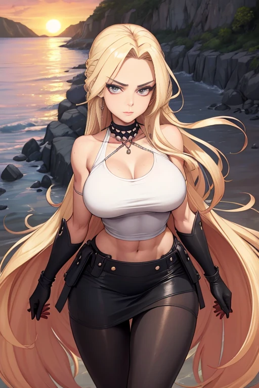 Cel-shaded, color manga, seed 156378292. The background is a sunset harbor, full-body angle. The overall image should feature strong, vivid lines and cel-shaded coloring with high contrast. The sunset glow should reflect off her skin and hair, creating a warm, radiant effect. A beautiful woman with long blonde hair. Her hair extends down to her shoulder blades, flowing naturally in the wind. The color of her hair is bright gold, reflecting light and giving it a radiant shine. Her face is sharp, with high cheekbones and a defined jawline that stands out. Her eyes are a striking pink, conveying a strong sense of will. Her eyebrows are thin, sharp, and straight, designed to express her strength and confidence. Her nose is straight, and her lips are somewhat thick but tightly closed, giving her an expression of provocation and confidence. She is dressed in a white T-shirt with an open chest design. She is wearing a black mini-skirt, which emphasizes her slender yet muscular figure. Around her neck is a pearl necklace, and she has gold bracelets on both wrists. Her large chest is noticeable under the T-shirt, highlighting her feminine curves. Overall, she has a slender but muscular physique, with particularly well-defined abs and arm muscles, showing a fit and trained posture. She is over 170 cm tall with a well-balanced figure. Her large chest, tight waist, and long legs are distinctive features. Her physique combines femininity and strength. She has a cigarette in her mouth, further emphasizing her rebellious attitude. Do not include any accessories not mentioned in the prompt. Her intense, rebellious expression should be emphasized, particularly in her piercing pink eyes and slightly provocative demeanor. She is holding two black pistols, mid-action, with bullets already fired. Her legs are slightly apart as she stands firmly, with bent knees, taking a strong stance that conveys the tension of battle.