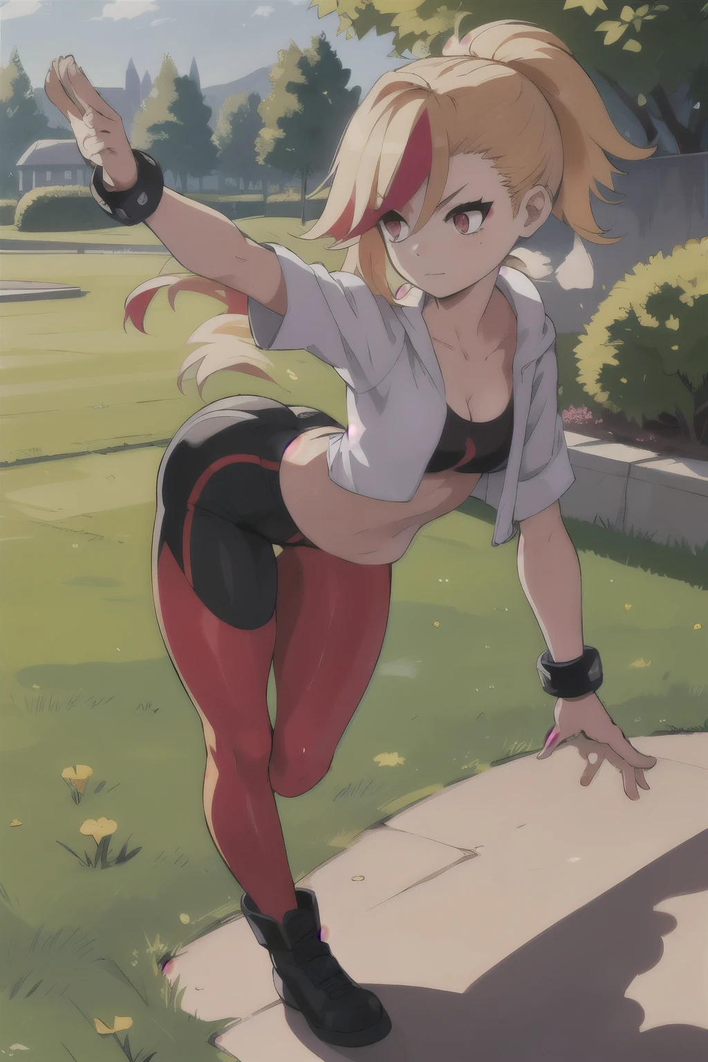 1 , Long hair, Red Strip, walking elegant on the garden, long black boots, yoga pants, Hair elastic, best quality, ponytail, Braid, golden bracelets,