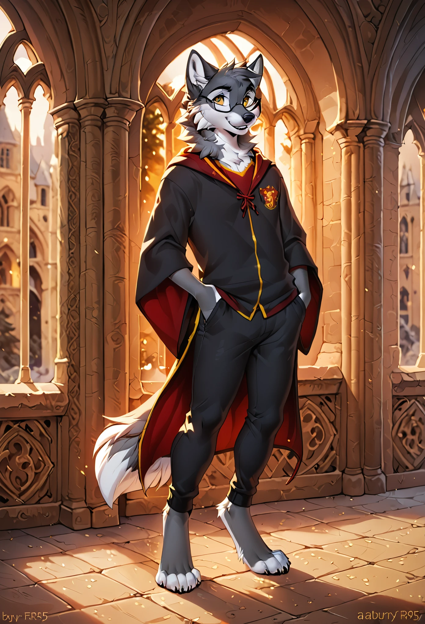 in the style of hioshiru, in the style of f-r95, in the style of zaush, in the style of binxxy, solo, (anthro), male, masculine, wolf, grey fur, digitigrade legs, gold eyes, evening lighting, posing for a picture, eyeglasses, square glasses, square rimmed glasses, hogwarts, harry potter style, black robe, dramatic pose, gryffindor uniform, gryffindor emblem, (shirt and tie), red necktie, black pants