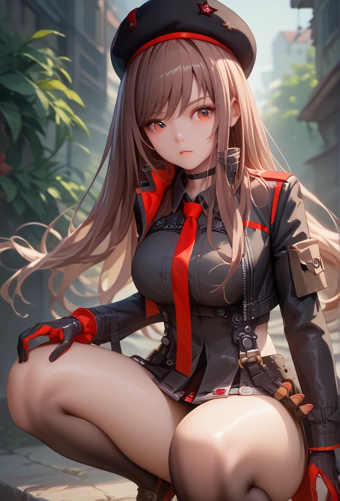 Rapidef, Red eyes, Brown Hair, Long Hair, bangs, beret, Black jacket, Cropped jacket, Red tie, gloves, Black Shirt, 
Knee socks,9,Score_8_superior,Score_7_superior,masterpiece,Best Quality,Perfect Anatomy,so beautiful,Official Art,8k,Shiny_skin,fair_skin,white_skin, mini skirt、Thighs:1.4,Large Breasts:2.5,,Choker、Erotic squatting、Facing forward、Show off your lower body