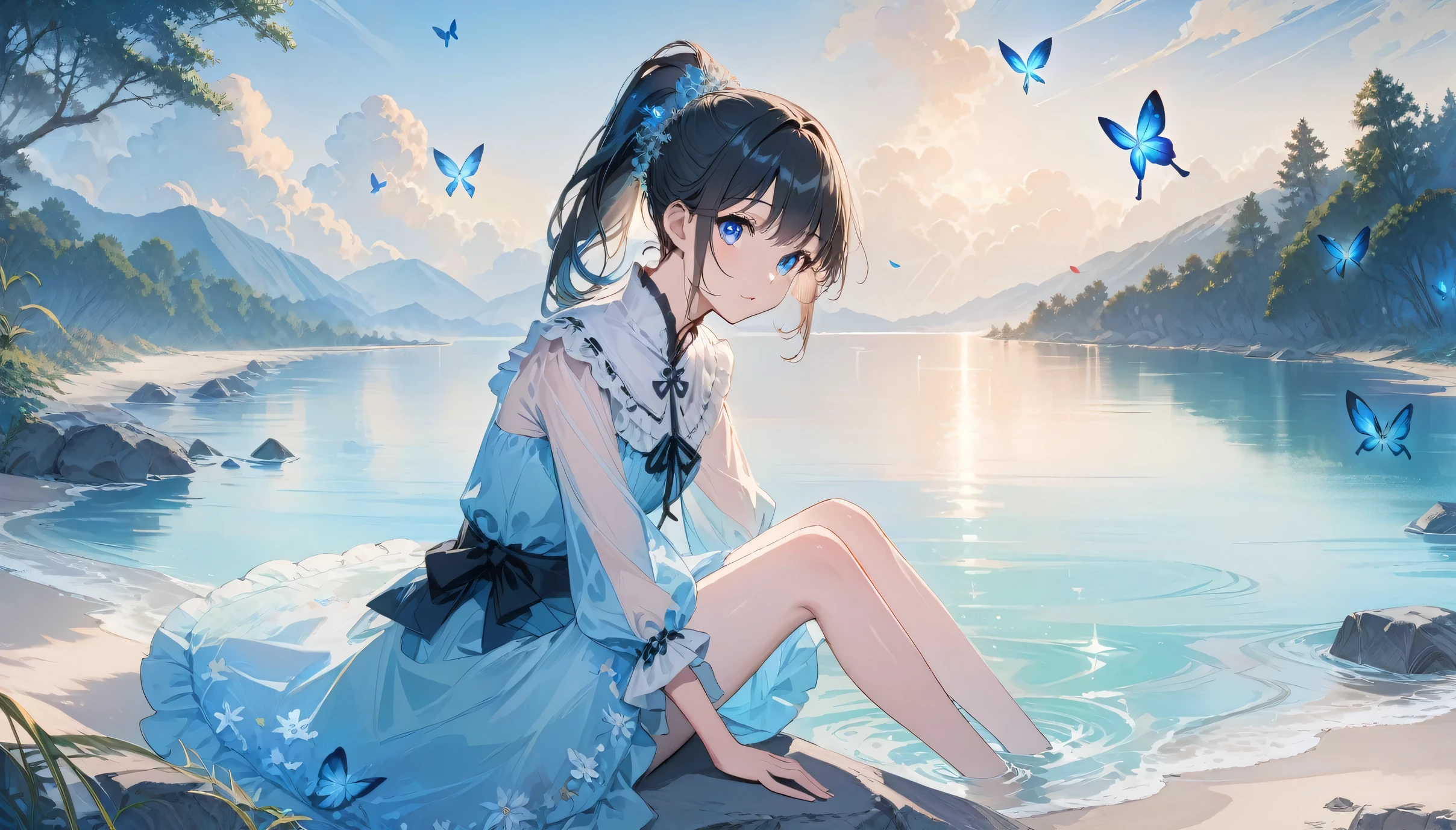 (Masterpiece), (Best Quality), Illustration, Extremely Detailed, HDR, Depth of Field, (Colorful), This is a masterpiece that exudes extraordinary quality. The illustrations are ultra-detailed and use HDR technology to create a sense of depth. The theme is original and exquisite, with beautiful art, bright colors and full of fantasy elements. The girl is sitting on the beach, surrounded by flowing water and the dark blue World Tree in the background. The tranquil and dreamy atmosphere gives the entire scene a soulful and charming quality. Her pale complexion, sparkling blue eyes and long black hair tied in a ponytail create a captivating portrait. She wears ta-style clothes, has a poker face, and a tight mouth. The background is available in white, transparent, and loop options, and there are also translucent blue butterflies flying around, adding vitality to the work.