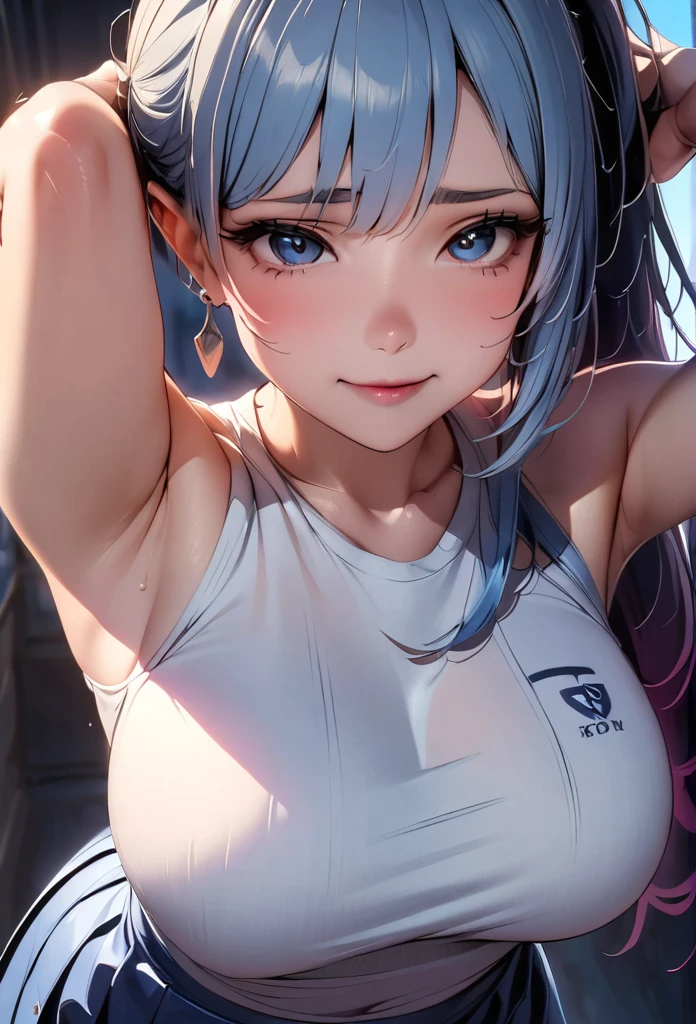 masterpiece,best quality,1girl,upper body,white hair,bright eyes,cropped shirt, lift up cropped shirt