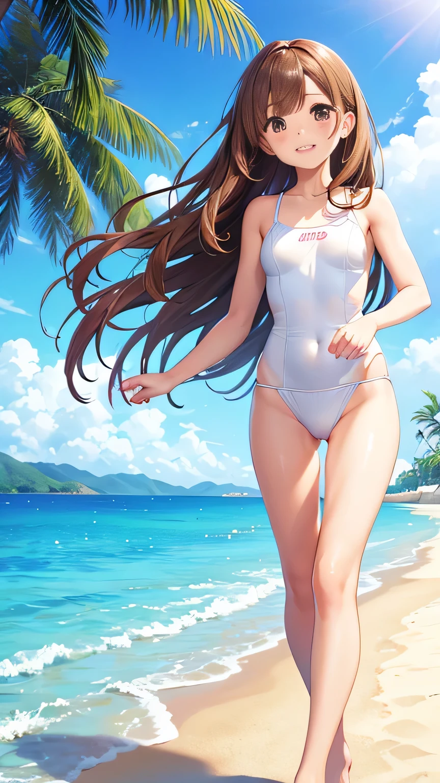 (Walking on the beach)、(Dipping your feet in the waves)、(High Resolution)、(High image quality)、(Masterpiece)、(Lift your hair with your hands)、The sun is dazzling、Brown long hair、Brush your hair back、smiling、Detailed Description、Window、beautiful girl、、Summer uniform、Narrow eyes、Slim figure、Tall、Close-up of face、Thin legs、Minimal exposure swimsuit、The best smile、Tropical Beach、Angle from below、