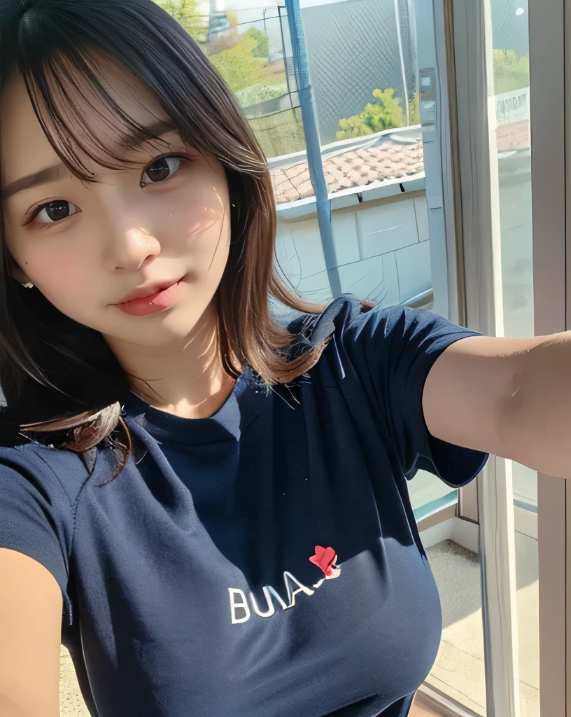 Selfie:1.3, Slightly childish face, cute woman, she has a lovely face dimple, Middle Long Hair, eyelashes, red cheek, Big boobs, She wares a plain T-shirt, white T-Shirt, Inorganic room, Simple Backscreen, exquisite detail, high detail, parted lips, smily lips