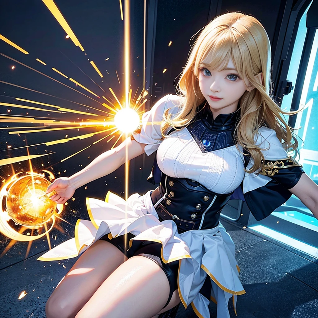 masterpiece, high quality, Sumire has been transformed into a cyborg girl with a mechanical body.、Gynoid cyborg body modification surgery、Blue and white leotard armor、A precisely mechanized body、Single image、from the front,Put the whole body