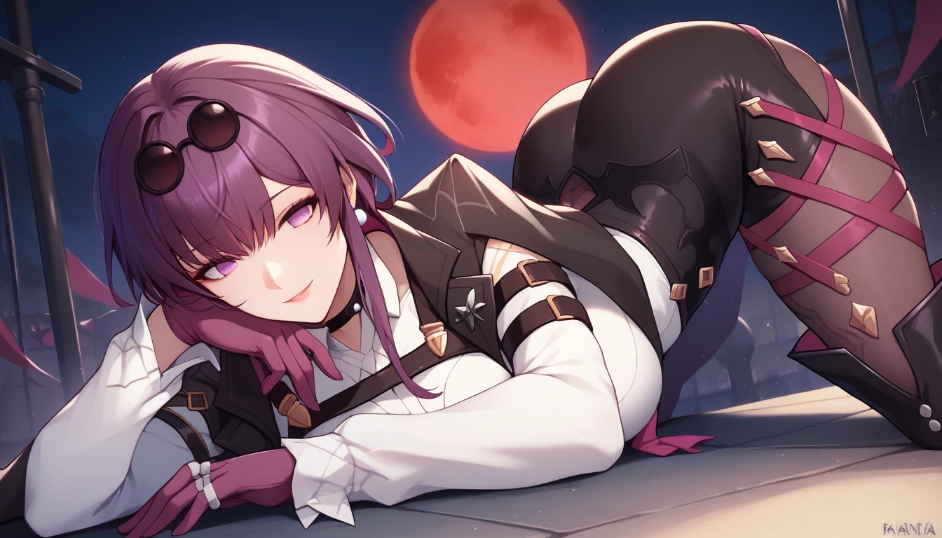 One Girl,Kafka, Purple eyes, Purple Hair, bangs, Side Lock, Please put your glasses on your head, earring, White shirt, Collared shirt, Long sleeve black jacket, Jacket on shoulders, Harness, Large Breasts, Purple gloves, Black shorts, High Waist Shorts, Purple thigh straps, Pantyhose, Single thigh high boots,There are no students, Black choker, ring, Expose your shoulders, pearl earring, Armband,masterpiece, Anatomically correct, 8k,(background,Big Red Moon,detailed),Cowboy Shot, Top-down composition,Captivating smile,