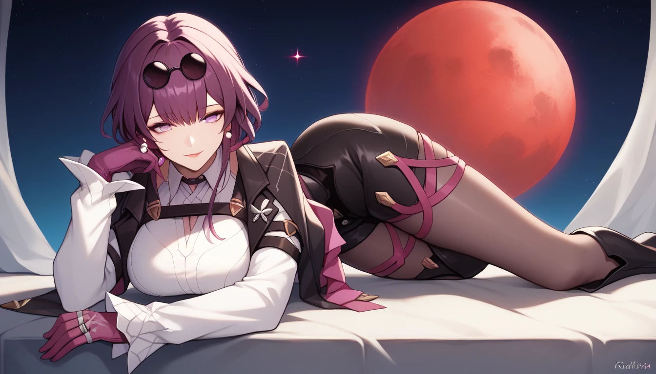 One Girl,Kafka, Purple eyes, Purple Hair, bangs, Side Lock, Please put your glasses on your head, earring, White shirt, Collared shirt, Long sleeve black jacket, Jacket on shoulders, Harness, Large Breasts, Purple gloves, Black shorts, High Waist Shorts, Purple thigh straps, Pantyhose, Single thigh high boots,There are no students, Black choker, ring, Expose your shoulders, pearl earring, Armband,masterpiece, Anatomically correct, 8k,(background,Big Red Moon,detailed),Cowboy Shot, Top-down composition,Captivating smile,