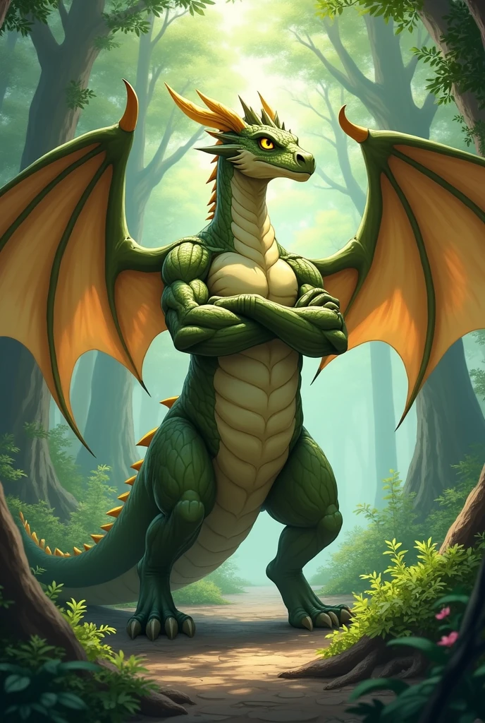 Muscles ripple and bulge as the dragon takes a confident, idyl standing pose, showcasing its imposing stature and raw power. The intricately detailed scales on its tail sweep majestically behind it, catching the light and shimmering with every movement. The scene unfolds in a bright, sunlit forest, with rays of sunlight filtering through the trees and casting dappled light over the dragon's body, creating a sense of depth and realism that is truly breathtaking. every muscle fiber glows under the sunlight, showing the dragon's strength and power. The forest floor is covered in lush, green foliage, adding to the sense of serenity and