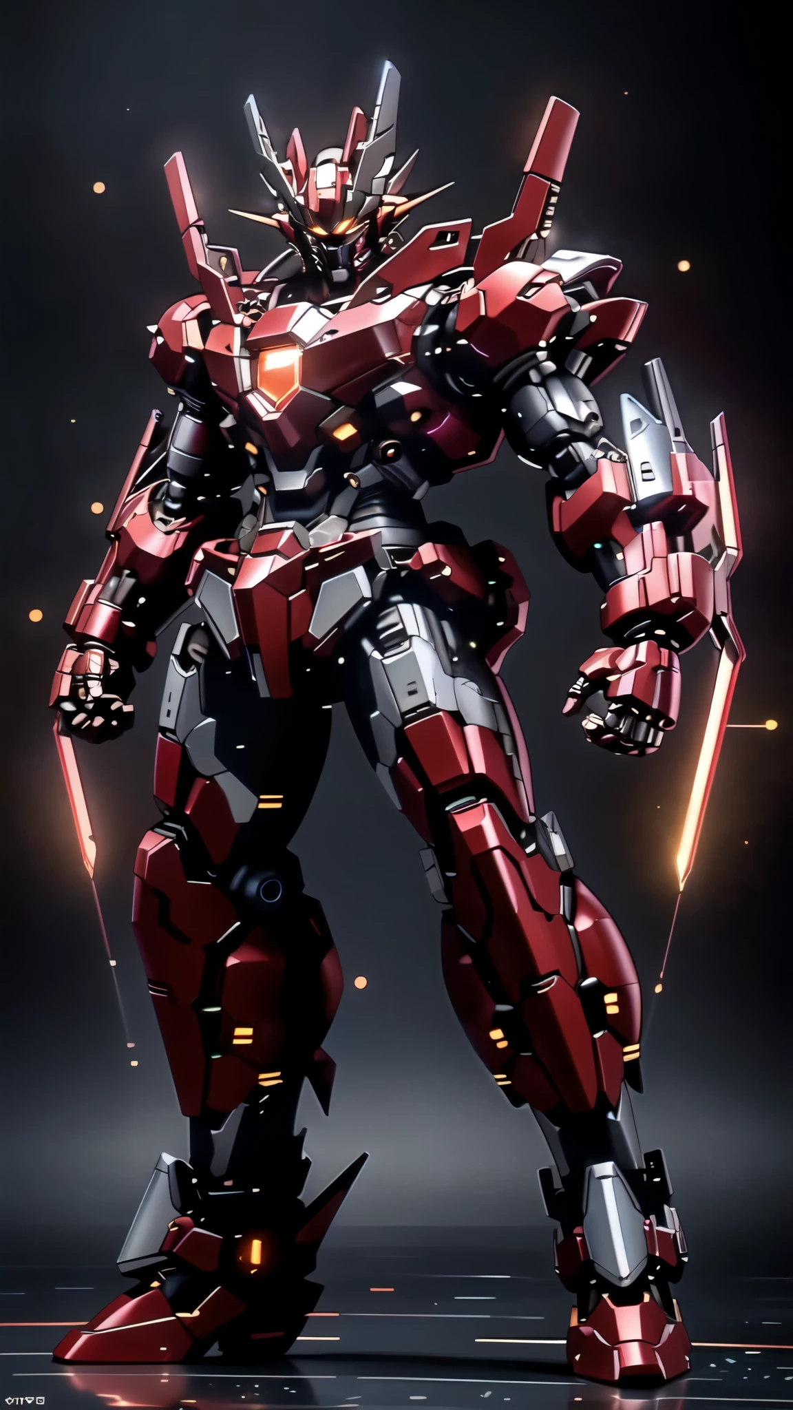 (masterpiece:1.5, best quality:1.5, extremely delicate:1.5), (male:1.5), humanoid Mecha, fully enclosed shoulder guards, matching arm and leg guards, full body, full armor, the design balances heavy with agility, (the color scheme is primarily Red with Black and White accents, the concept Inspired by Super Robot, SRS), organic biotech armor, standing, floating high above the futuristic sci-fi city, exquisite and mature art style, (aura effect, glowing eyes, the armor glows), metallic, dramatic, high definition, highres, ultra-detailed, ultra-fine painting, professional, perfect body proportions, anatomically correct, symmetrical face, extremely detailed eyes and face, high quality eyes, creativity, RAW photo, UHD, 32k, Natural light, cinematic lighting, masterpiece-anatomy-perfect