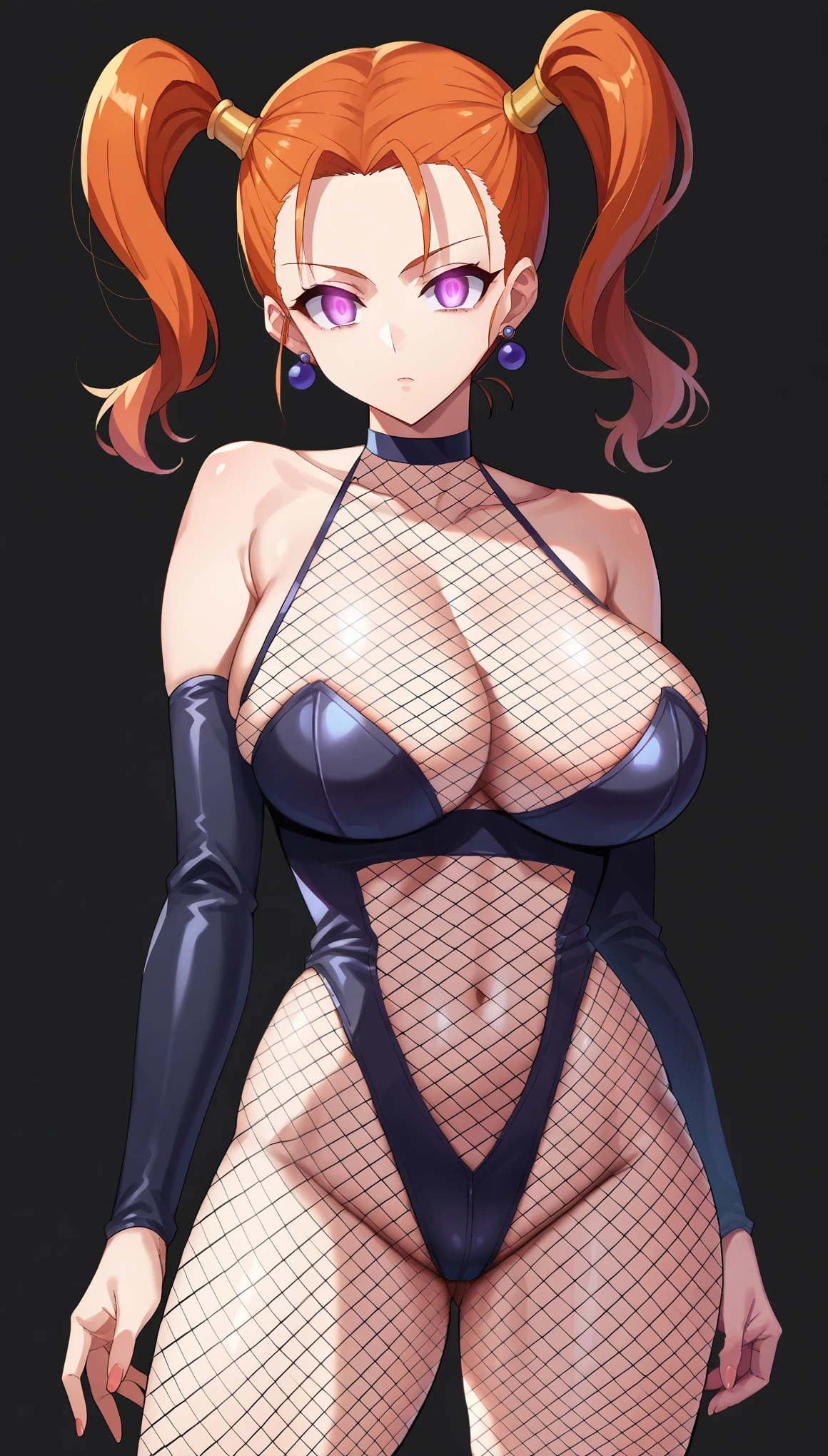 score_9, score_8_up, score_7_up, score_6_up, score_5_up, score_4_up, BREAK source_anime,立ち上がる,jessica albert, orange hair, twintails, purple eyes,(glowing eyes), Huge breasts, (evil depravity), empty eyes,Expressionless, (Black latex high leg suit), Fishnet stockings, fishnet tops, black background, simple background,