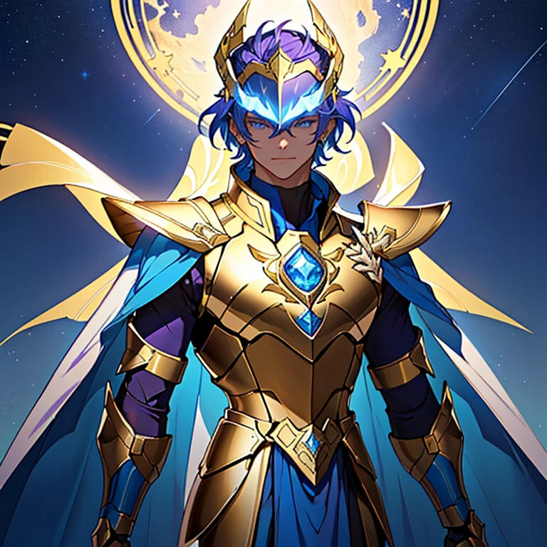 A drawing of a man in a golden and blue futuristic armor, featuring sleek plates that merge seamlessly across the body. Inspired by Knights of the Zodiac, the armor's chest plate extends into large, integrated shoulder pieces that flow smoothly from the chest to the upper arms without creating separate shoulder pads. The high collar wraps tightly around the neck, rising from the back and sides for added protection. The helmet has a central crest, and its blue visor glows brightly, enhancing the high-tech look. The chest plate is adorned with a glowing central gem, with angular lines emphasizing its regal yet futuristic design. The armor’s segmented leg and arm plates are golden with hints of purple and dark blue, conveying both strength and agility. Set against a cosmic background, the reflective surfaces of the armor stand out, illuminated by distant stars, with the overall look exuding a powerful and commanding presence.