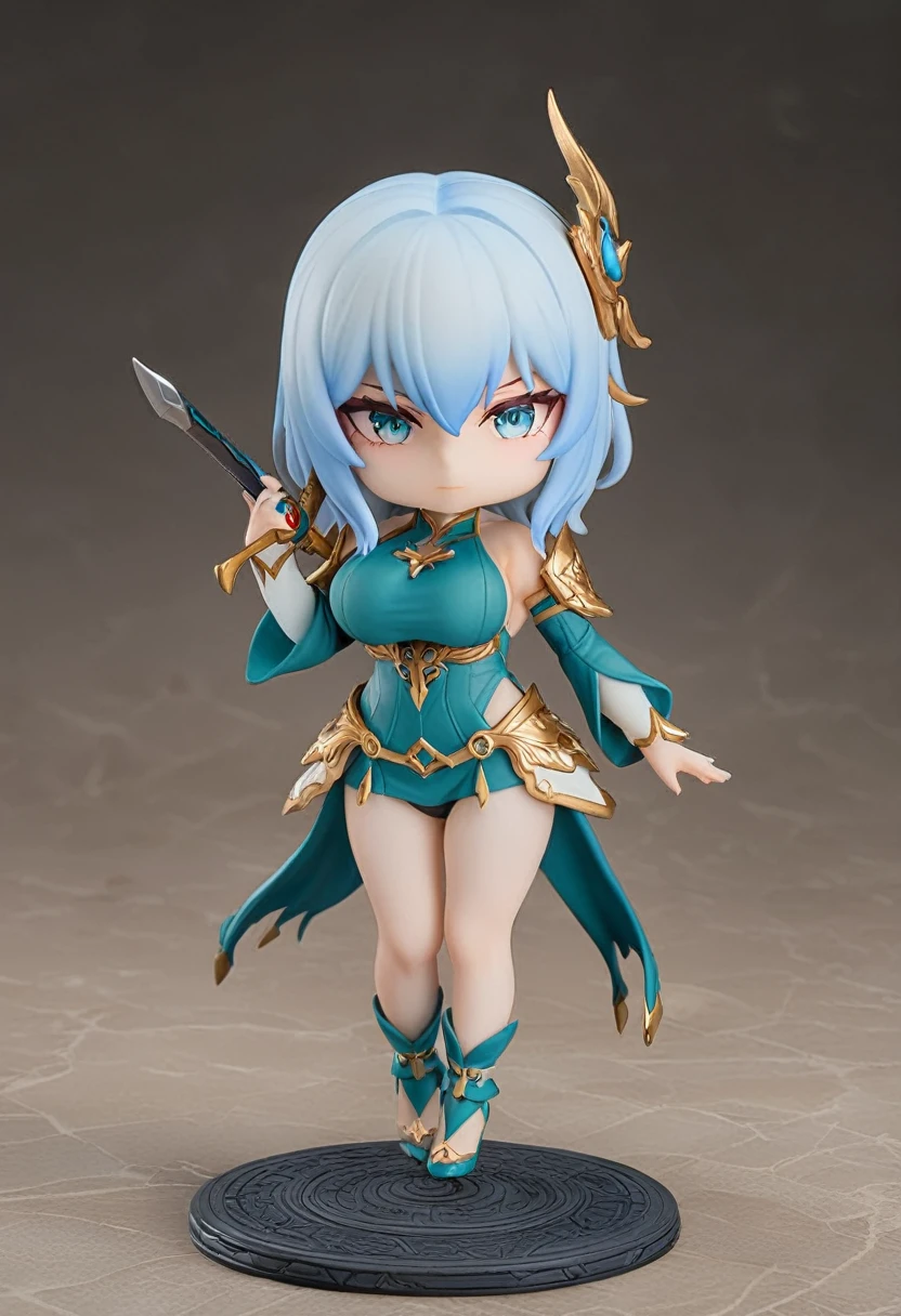 ((best quality)), ((ultra-detailed)), simple background, full body, fantasy, 1girl, chibi, large breasts, long legs, holding sword,
