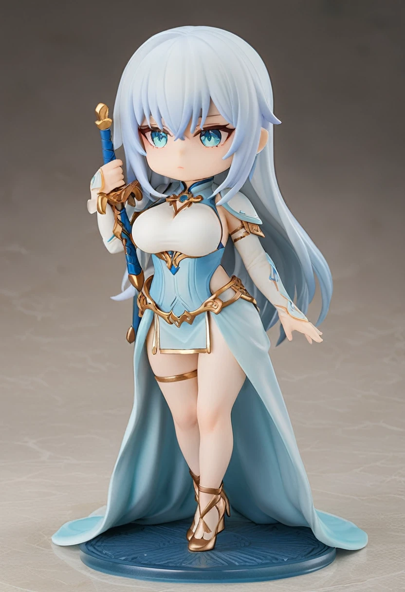 ((best quality)), ((ultra-detailed)), simple background, full body, fantasy, 1girl, chibi, large breasts, long legs, holding sword,
