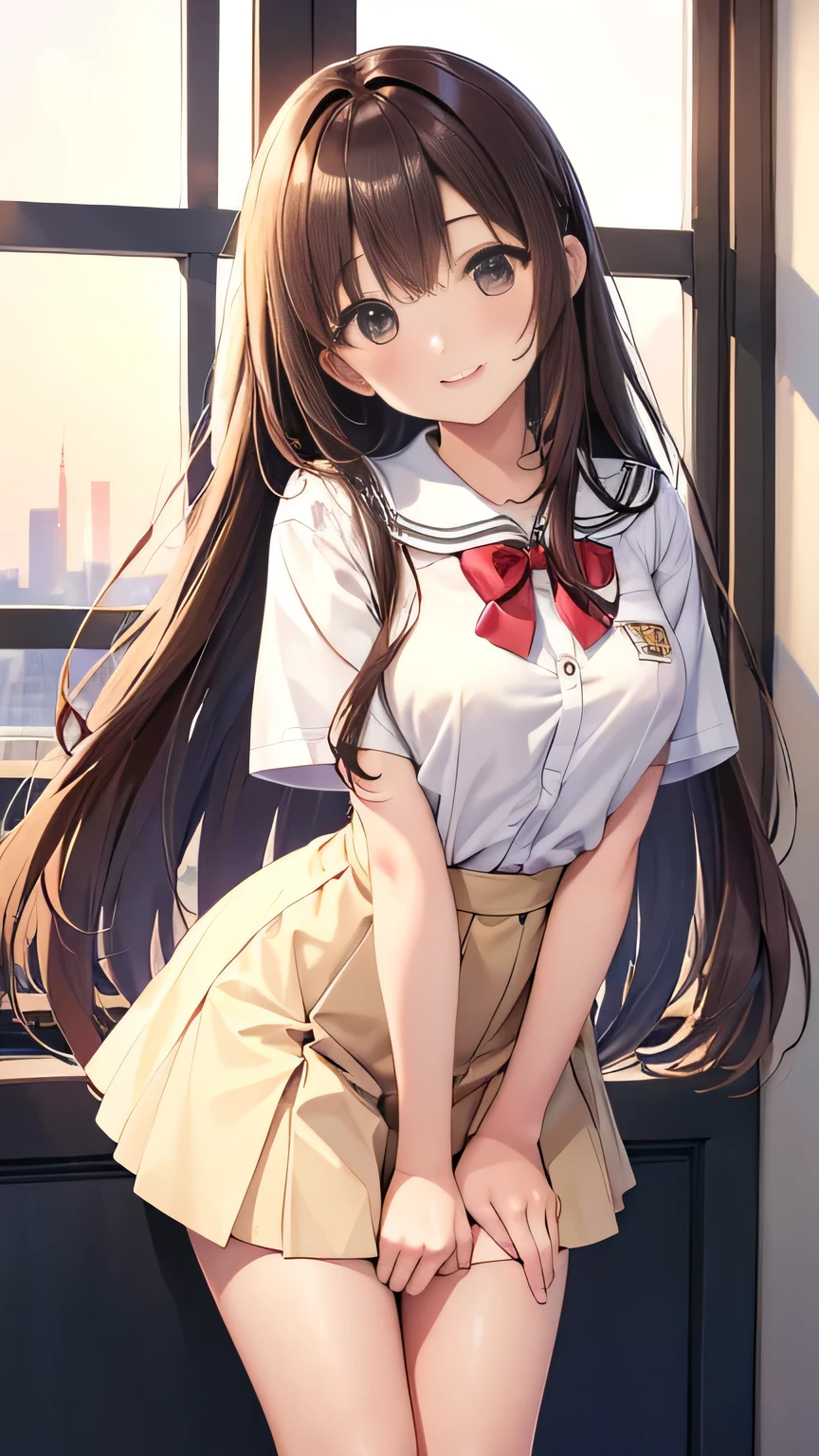 (High Resolution)、(High image quality)、(Masterpiece)、(Lift your hair with your hands)、School、classroom、Summer sunset、Brown long hair、Brush your hair back、smiling、Detailed Description、Window、beautiful girl、、Summer uniform、Narrow eyes、Slim figure、Tall、Close-up of face、Thin legs、