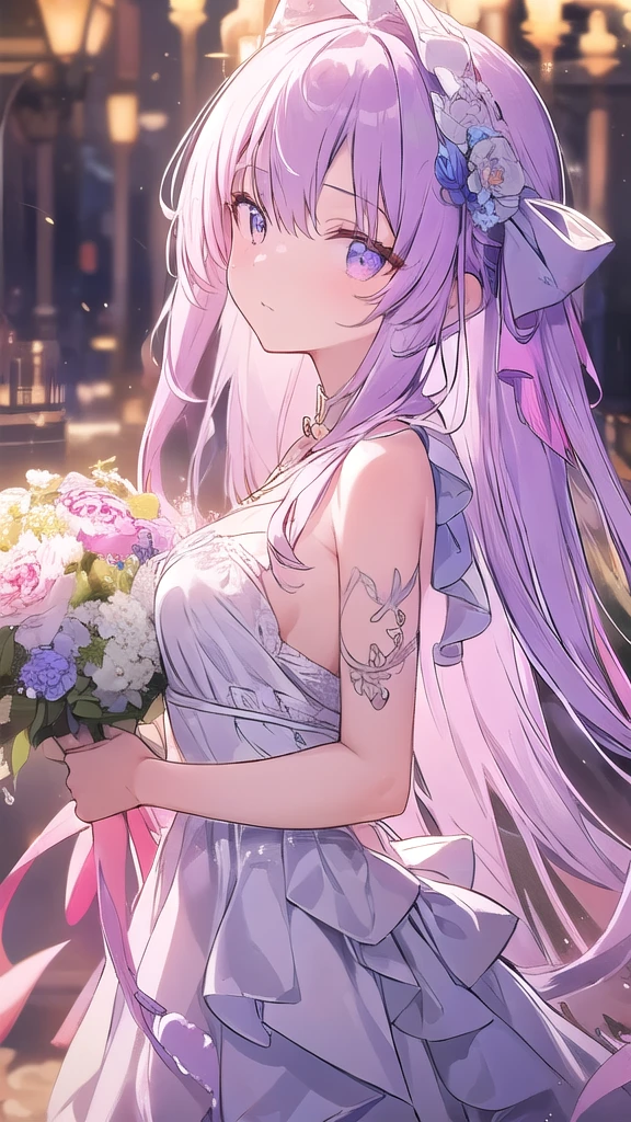 masterpiece、Best Quality、Highly Detailed CG Unity 8K Wallpaper、Anime screenshots、Artistic illustration of a female anime character with glowing neon flower and spiral chain tattoos all over her body、bouquet、bouquetを渡すポーズ、arm tattoo、White and red、Rainbow and white light mixed together、It emits neon light。This scene with flowing hair、Enhance the magical glow of your tattoo、Has a nice soft focus effect。The background is a dark building。