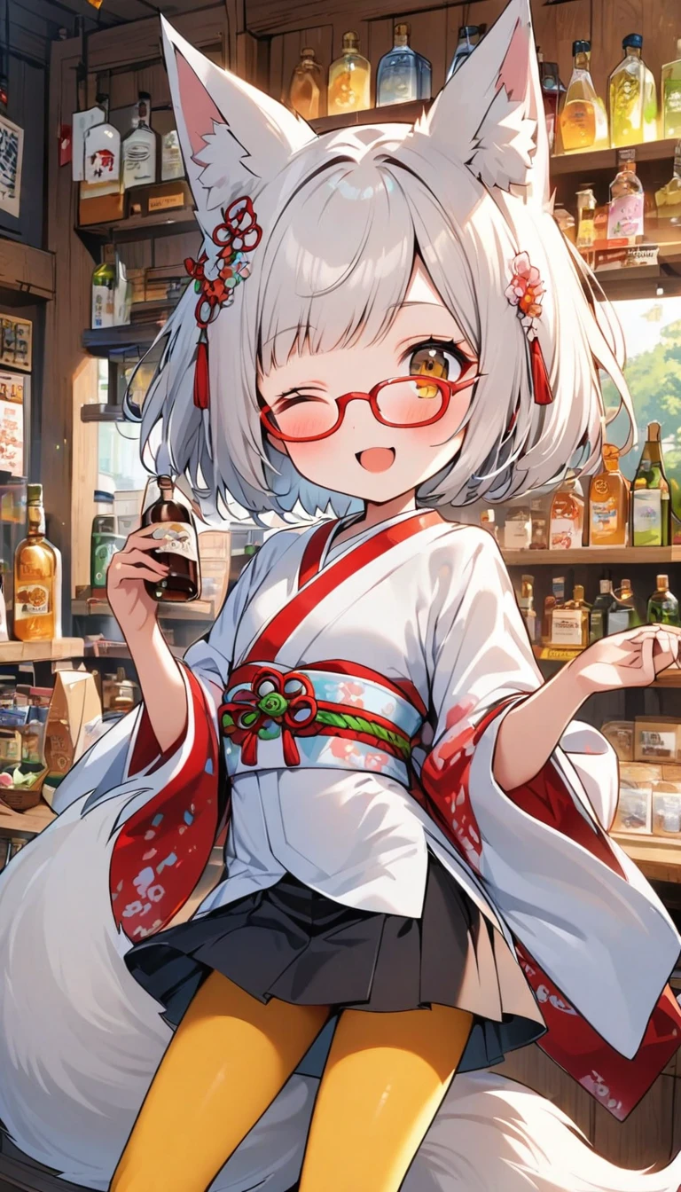 White fox girl,One Girl,thin body type,Flat Chest,Both eyes are different colors,The right eye is vermilion,The left eye is orange,Red-rimmed glasses,Happy smile,fun,Short Hair,Bobcut,前髪に1 bottleのメッシュ,fox ears,Shrine maiden costume,Short black skirt,Fox Tail,1 bottle,Deep golden yellow tights,General store,Inside the store,I can see my whole body at night