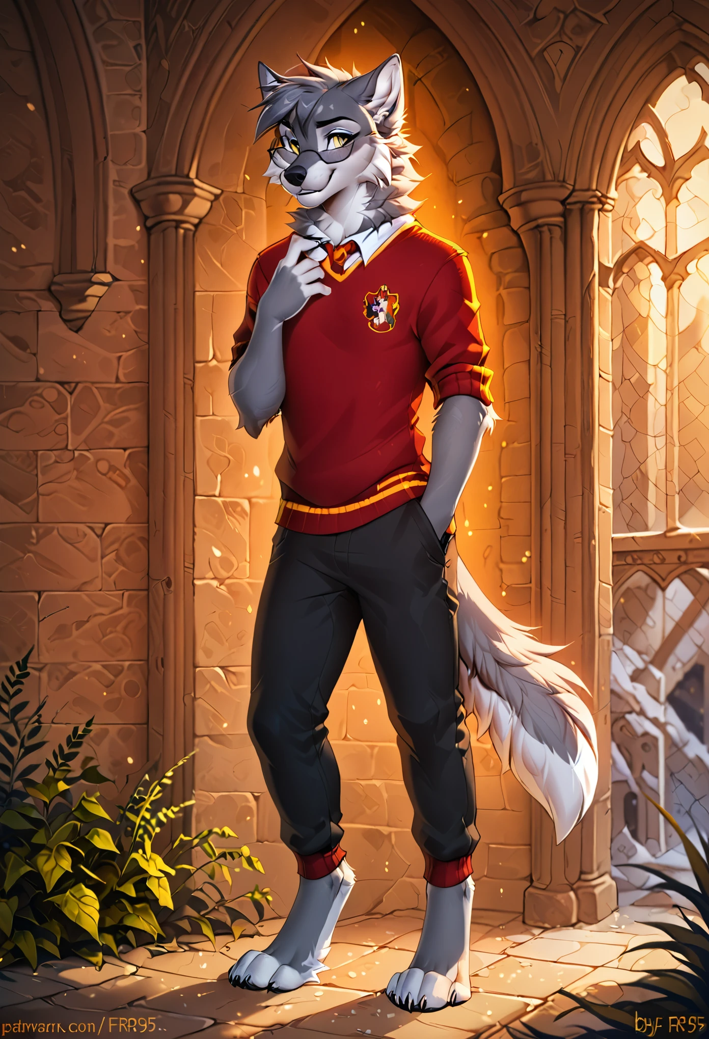in the style of hioshiru, in the style of f-r95, in the style of zaush, in the style of binxxy, solo, (anthro), male, masculine, wolf, grey fur, digitigrade legs, gold eyes, evening lighting, posing for a picture, eyeglasses, square glasses, square rimmed glasses, hogwarts, harry potter style, black robe, dramatic pose, gryffindor uniform, gryffindor emblem, (shirt and tie), red necktie, black pants