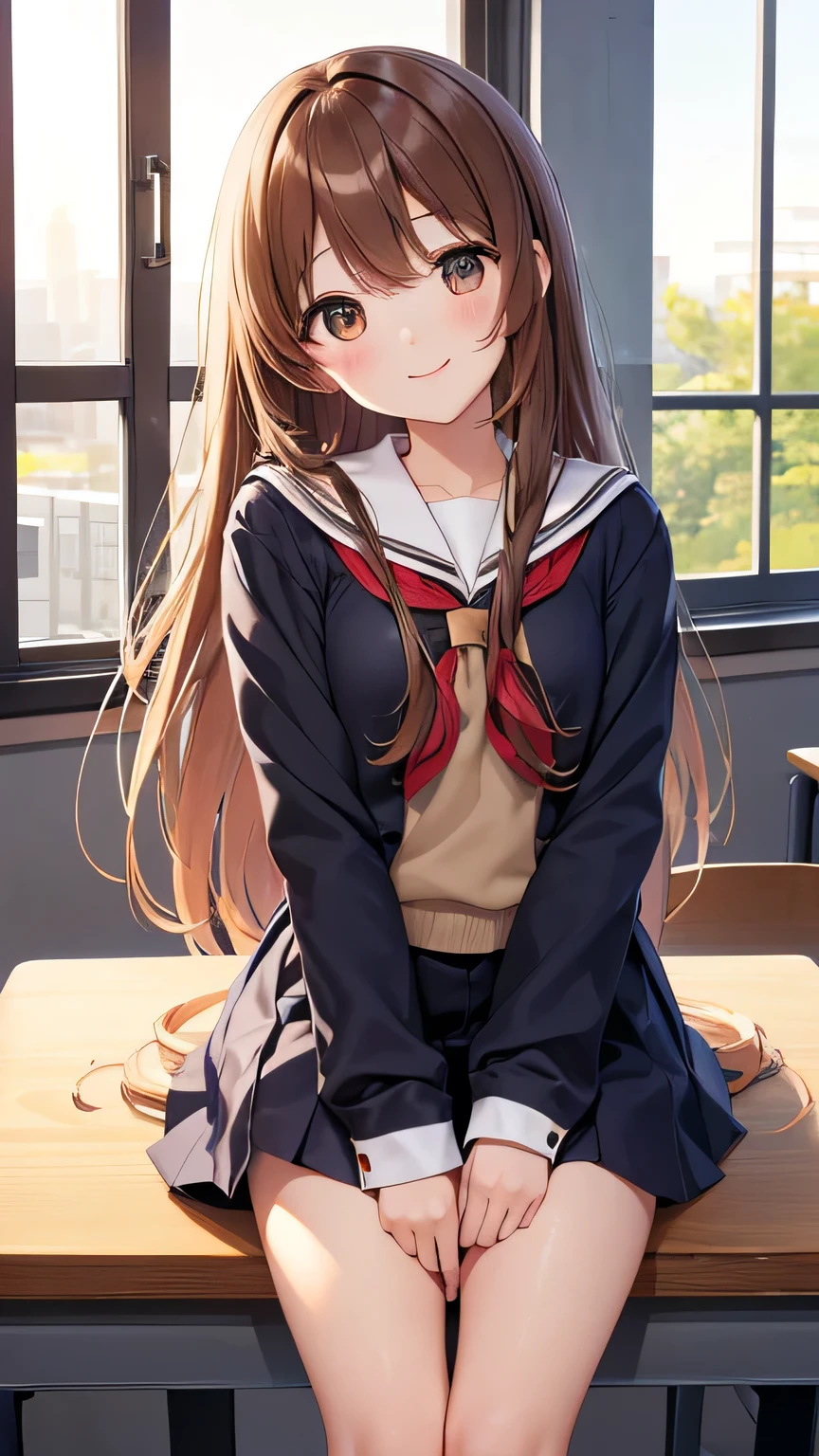 (High Resolution)、(High image quality)、(Masterpiece)、(Lift your hair with your hands)、School、classroom、Summer sunset、Brown long hair、Brush your hair back、smiling、Detailed Description、Window、beautiful girl、、Summer uniform、Narrow eyes、Slim figure、Tall、Close-up of face、Thin legs、