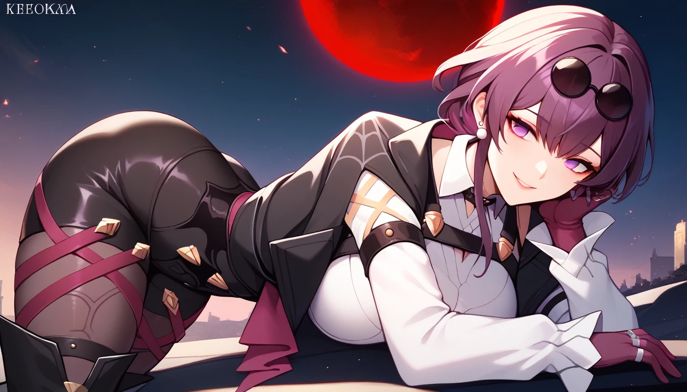 One Girl,Kafka, Purple eyes, Purple Hair, bangs, Side Lock, Please put your glasses on your head, earring, White shirt, Collared shirt, Long sleeve black jacket, Jacket on shoulders, Harness, Large Breasts, Purple gloves, Black shorts, High Waist Shorts, Purple thigh straps, Pantyhose, Single thigh high boots,There are no students, Black choker, ring, Expose your shoulders, pearl earring, Armband,masterpiece, Anatomically correct, 8k,(background,Big Red Moon,detailed),Cowboy Shot, Top-down composition,Captivating smile,