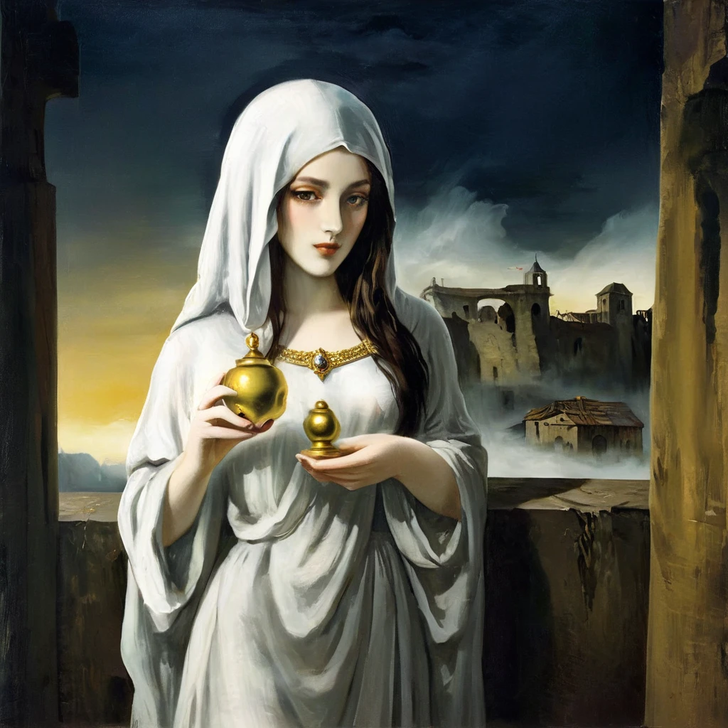 a very pale skinned european woman, covered by a white shroud with gold jewelry, she holds a golden bell in her hand , long dark hair, will-o'-the-wisp follow the sound of his bell, ruins of a large foggy medieval city at night in background, detail richness, masterpiece, best quality, caravaggio painting style, painting style