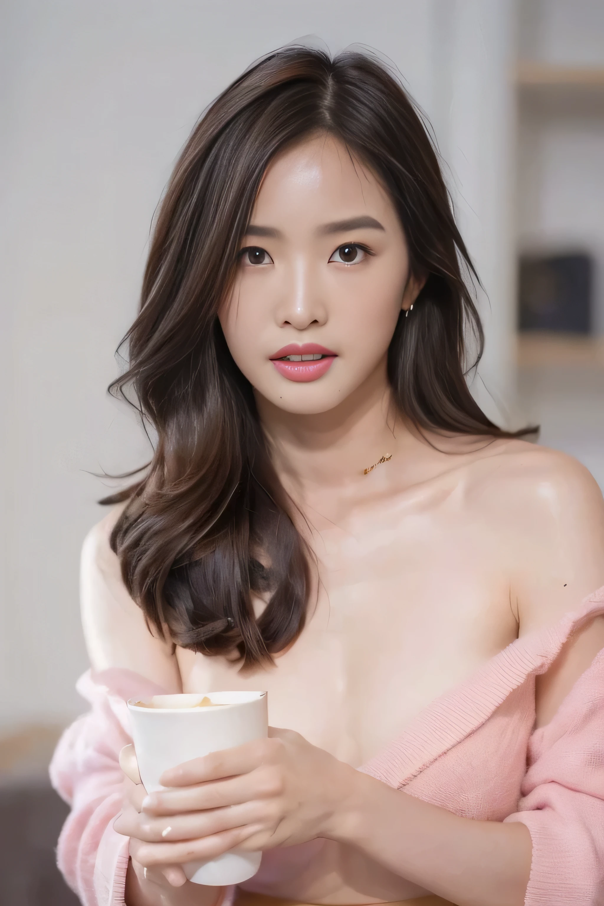 (colored picture), Photo realistic of beautiful asian、slender abs, (Highlight Haircutreast A Cup:1.2), small breast, round shape breast, perfect shape breast,(( )), She should have a serene expression, with large, expressive eyes and rosy lips. The woman is wearing an elegant light pink, off-the-shoulder sweater, with a hint of a black strap visible, set against a soft, neutral background that emphasizes her gentle and stylish appearance