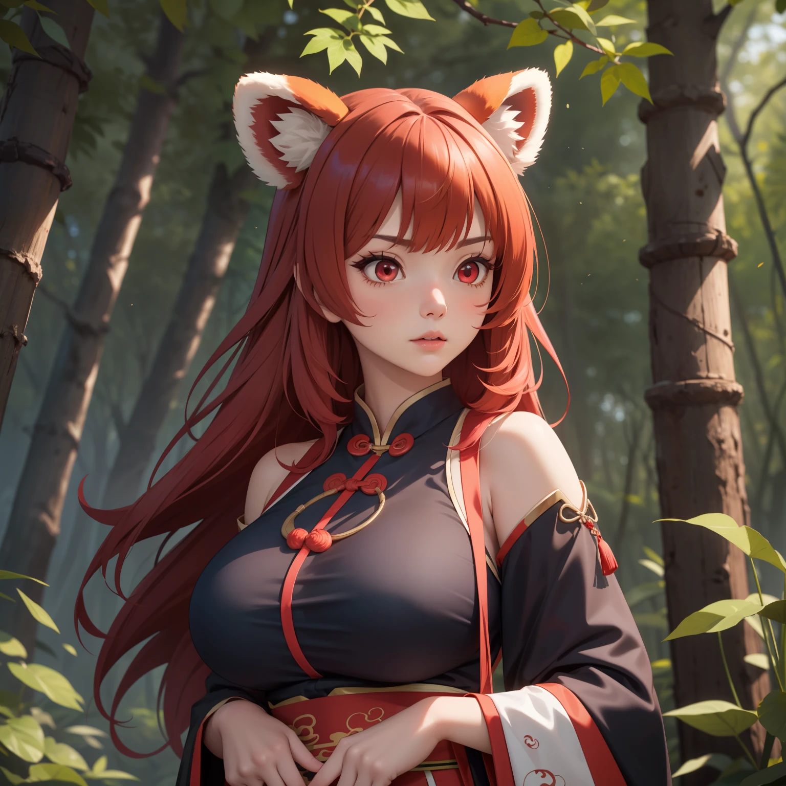 lonely woman, red panda girl, red panda ears., red hair with white, red eyes, pale skin, , , challenging look .Big Breasts , Black and blue low-cut ancient Chinese costume, accessories and jewelry, background a forest.